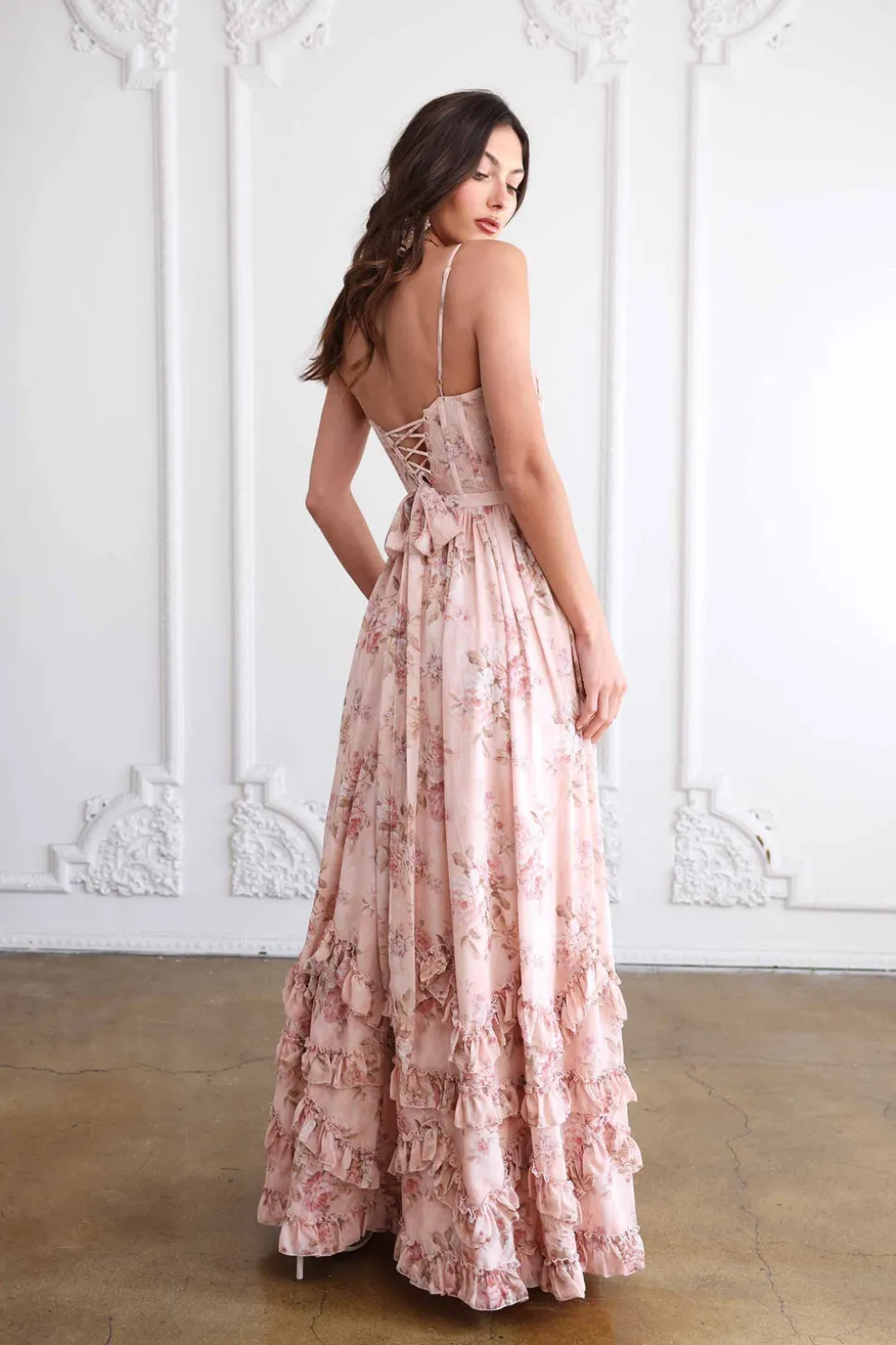 The Carmen Dress in Peach Tapestry