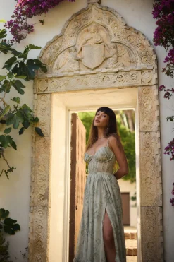 The Carmen Dress in Sage Tapestry