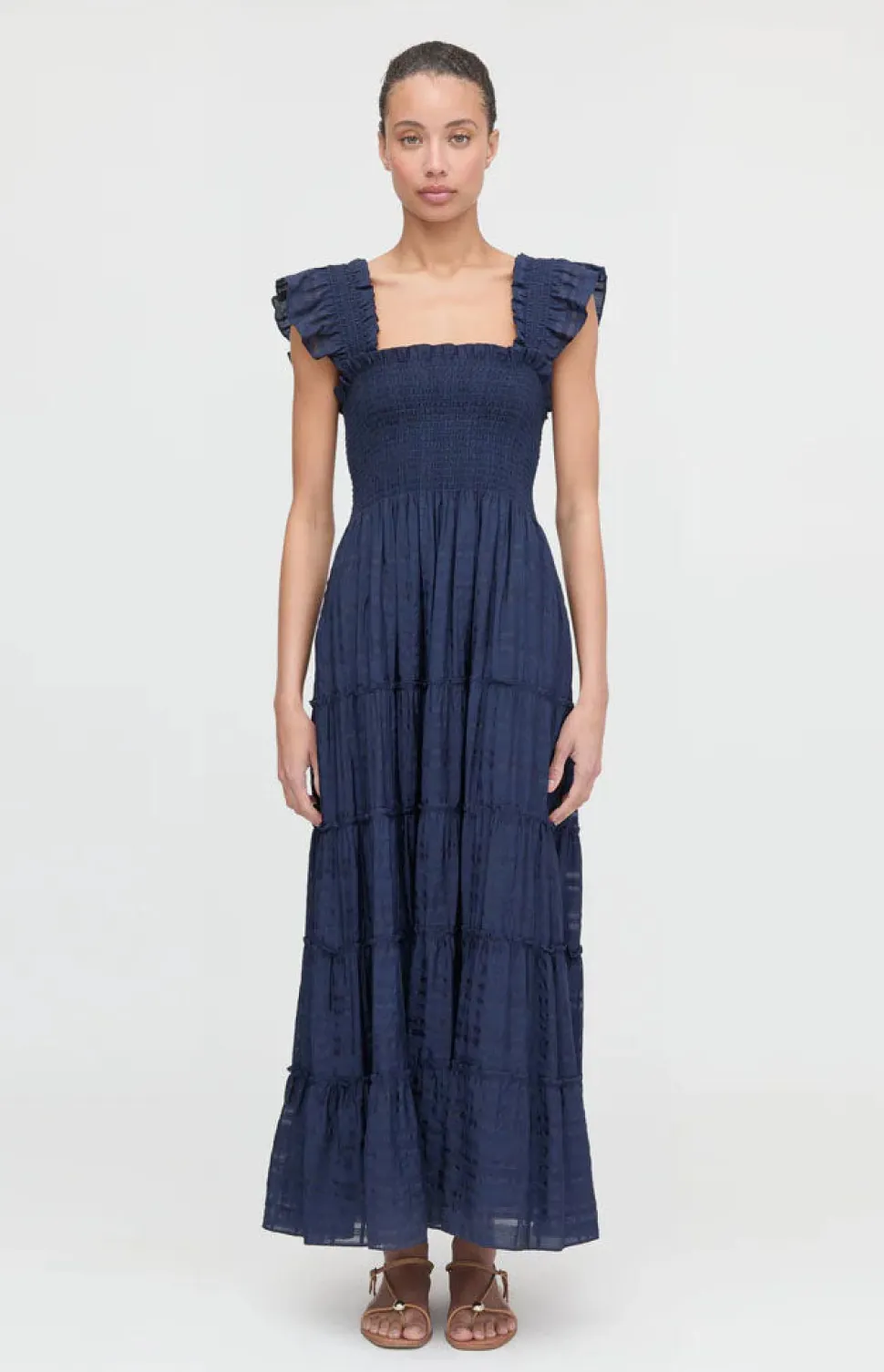 The Ellie Maxi Nap Dress in Navy Sheer Plaid