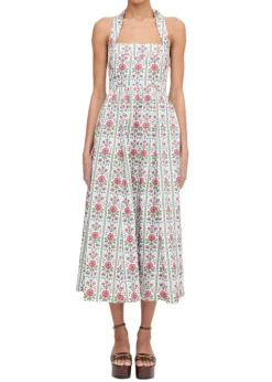 The Fleur Midi Dress in Green Floral Block Stripe
