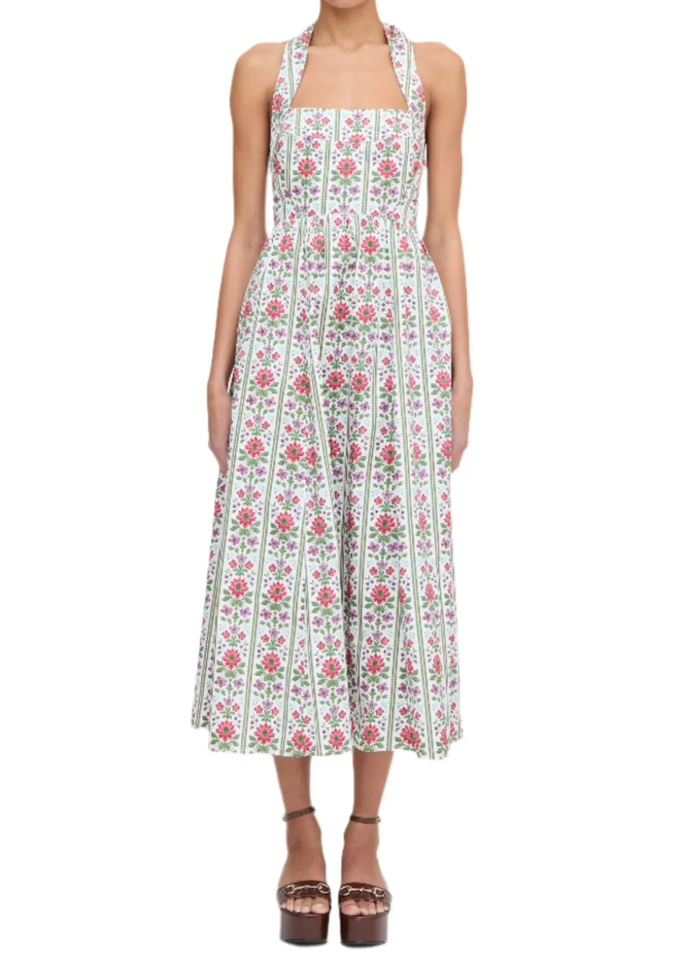 The Fleur Midi Dress in Green Floral Block Stripe