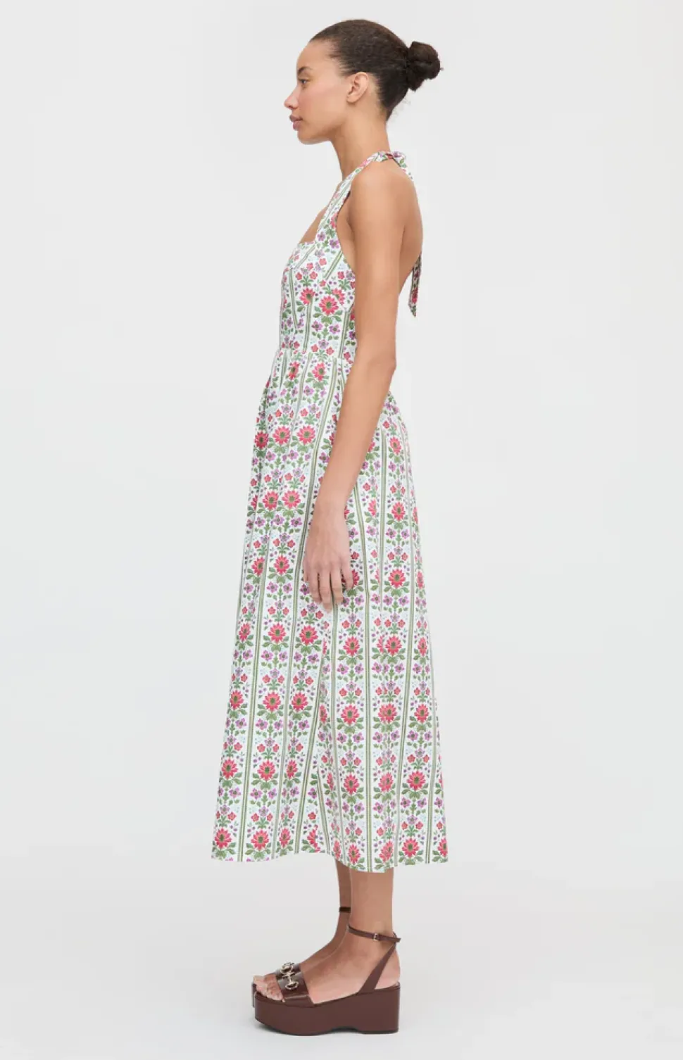 The Fleur Midi Dress in Green Floral Block Stripe