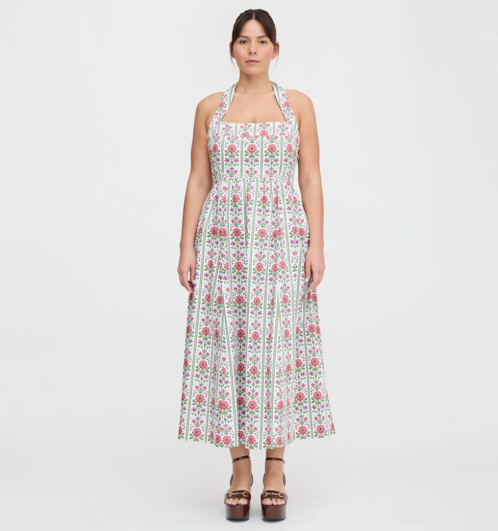 The Fleur Midi Dress in Green Floral Block Stripe