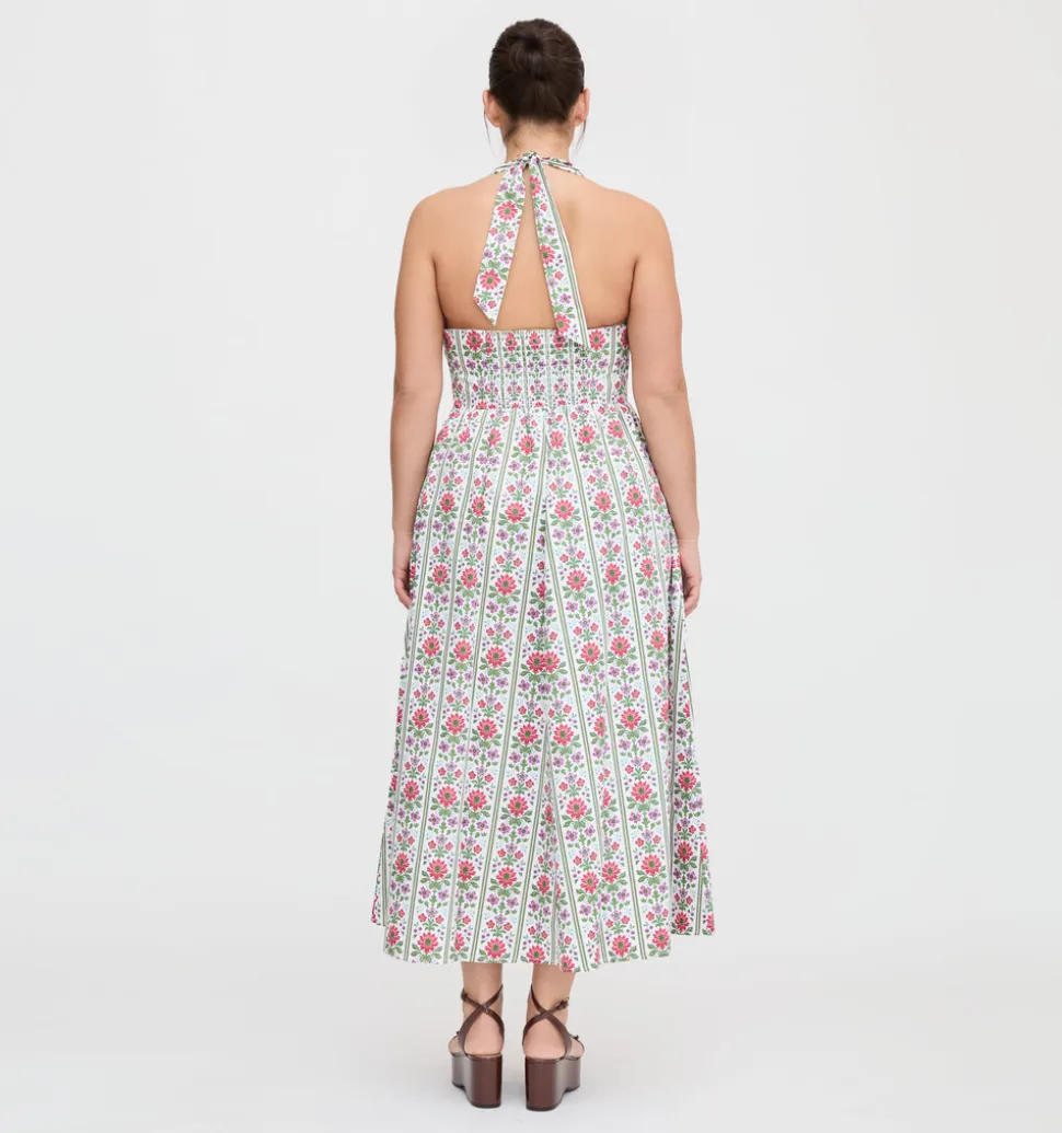 The Fleur Midi Dress in Green Floral Block Stripe