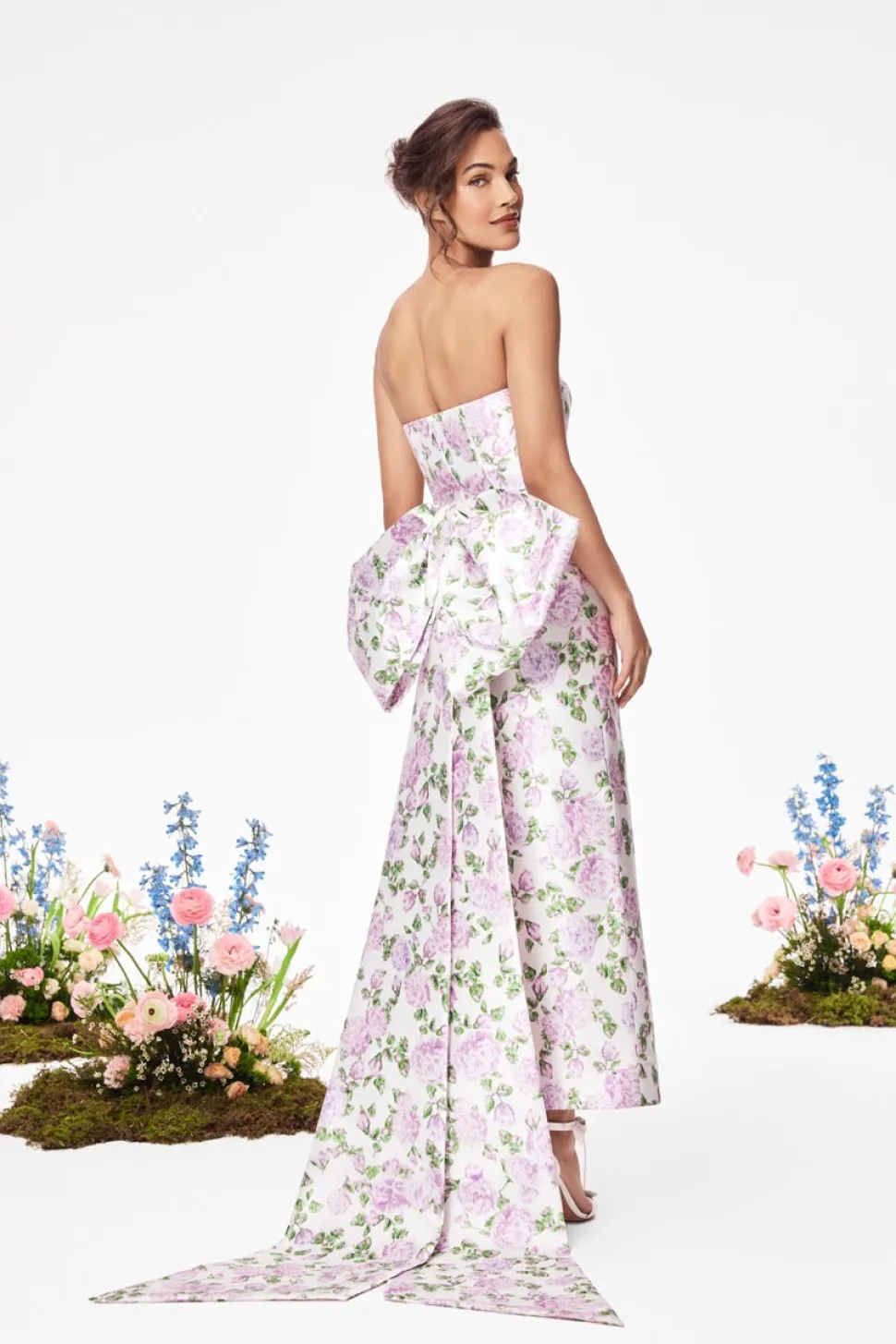 The Gabrielle Gown with Detachable Bow in Pink & Green