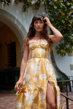 The Lucetta Dress in Gold Baroque Floral