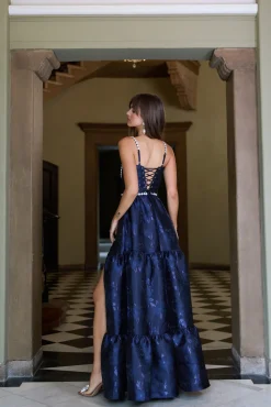 The Lucetta Dress with Beads in Navy Baroque Floral