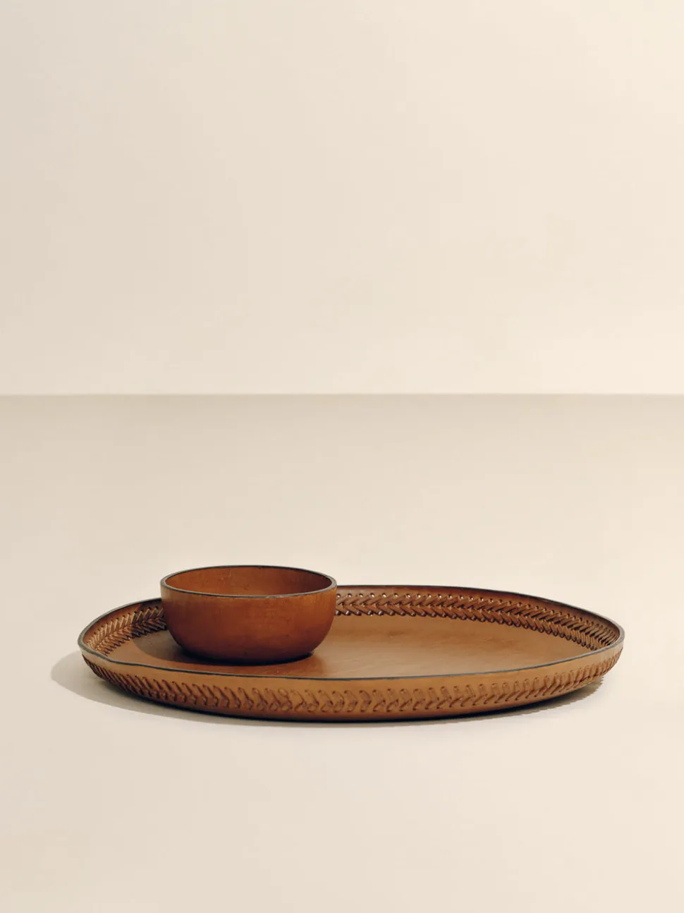 The Oversized Tray in Cognac Leather Lace Trim