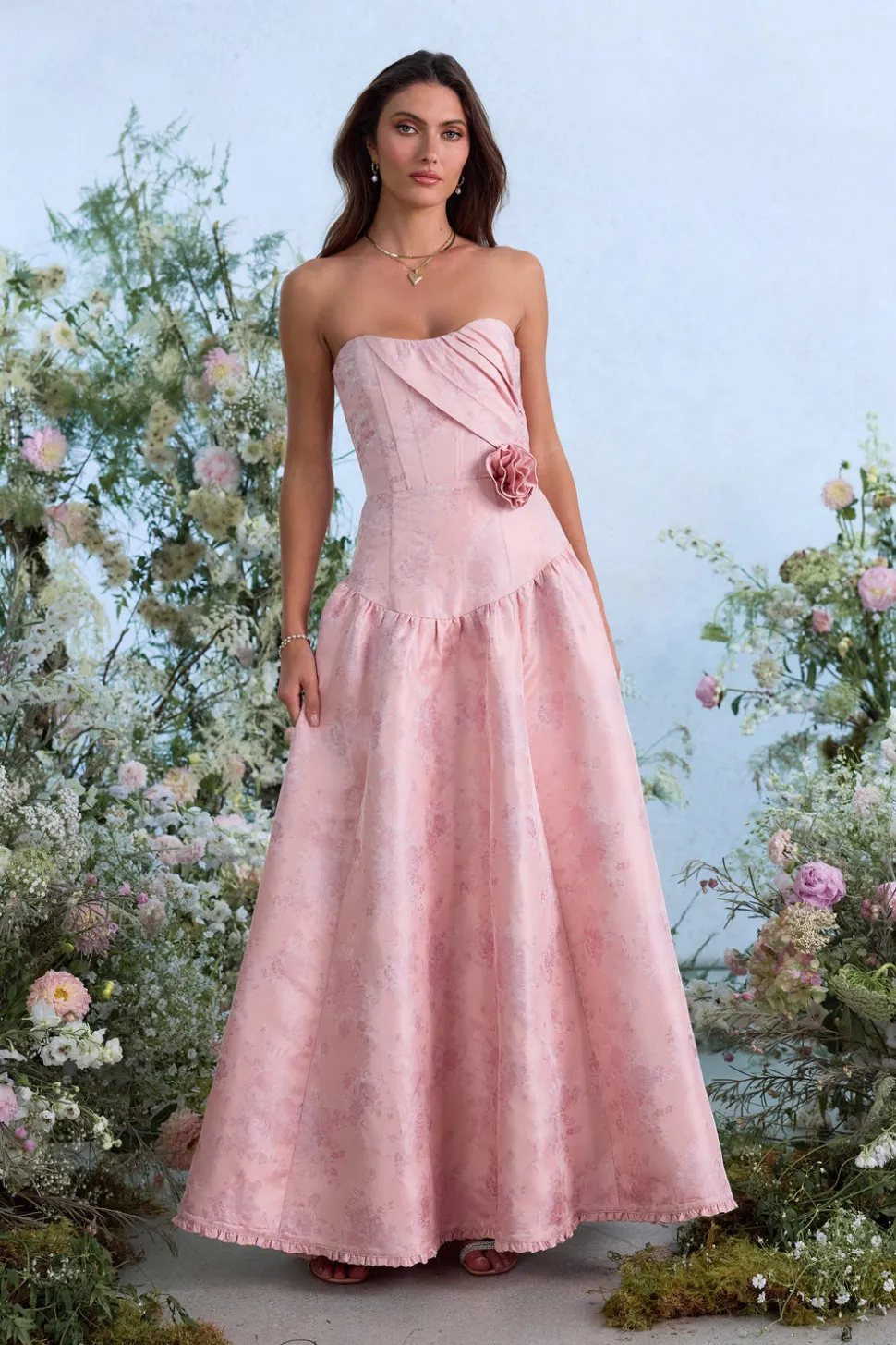 The Rosamund Dress in Light Pink Windsor Brocade