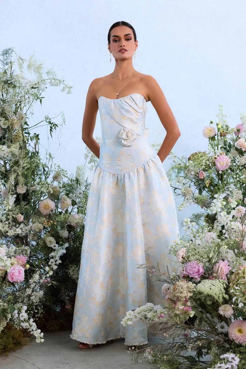 The Rosamund Dress in Sky Windsor Brocade