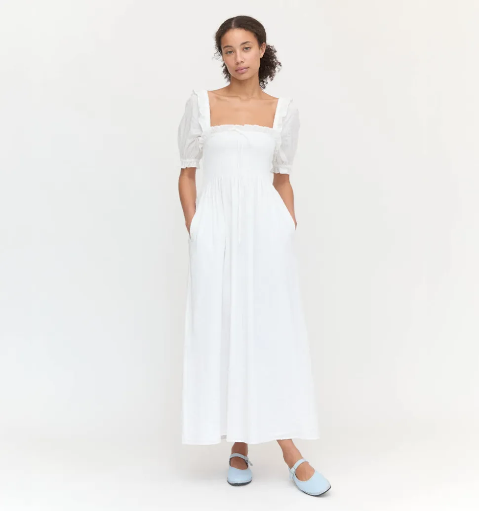 The Scarlett Nap Dress in White Linear Swiss Dot