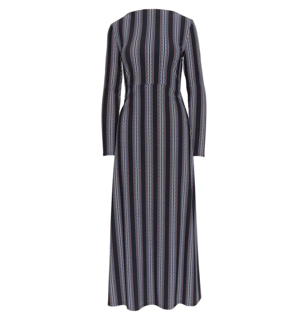 The Selene Dress in Black Cobalt Medallion Stripe