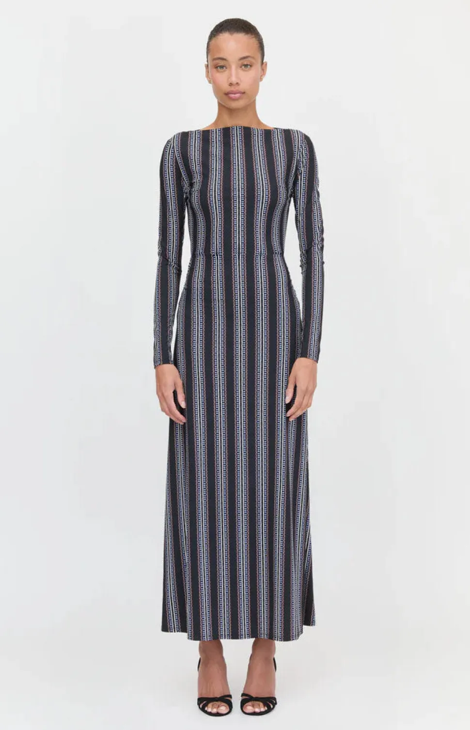 The Selene Dress in Black Cobalt Medallion Stripe