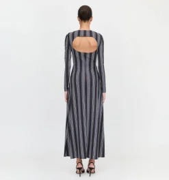 The Selene Dress in Black Cobalt Medallion Stripe