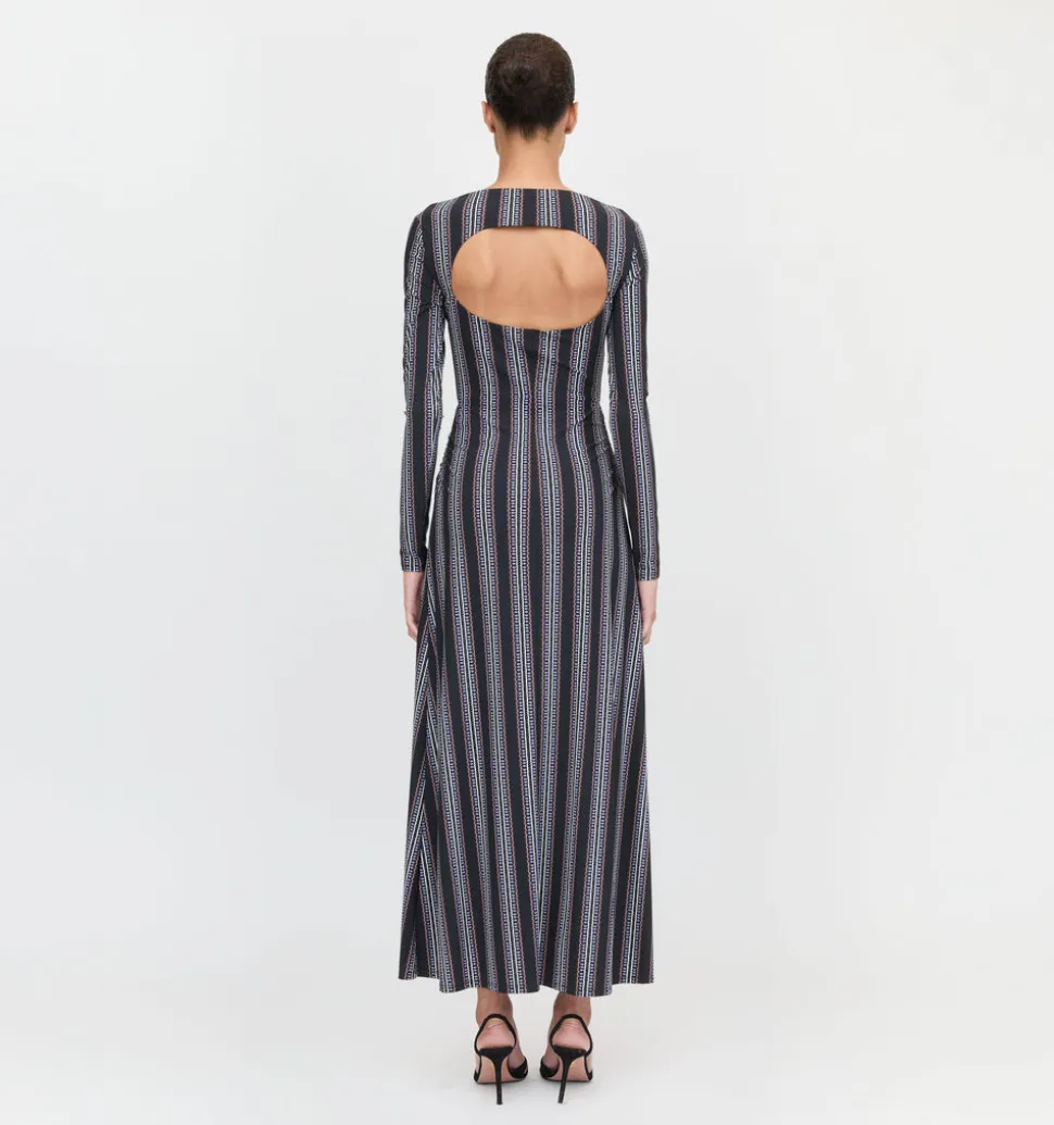 The Selene Dress in Black Cobalt Medallion Stripe