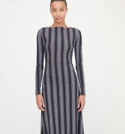 The Selene Dress in Black Cobalt Medallion Stripe