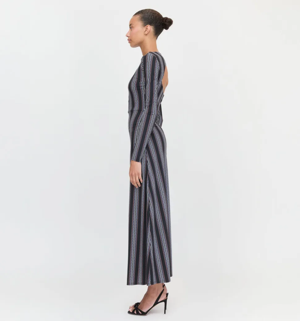The Selene Dress in Black Cobalt Medallion Stripe