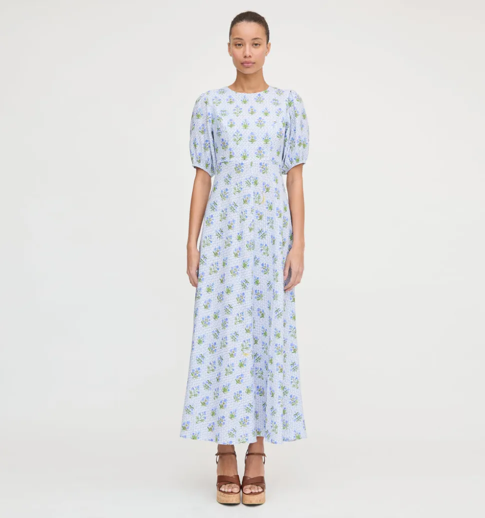 The Short Sleeve Nadia Dress in Blue Block Print