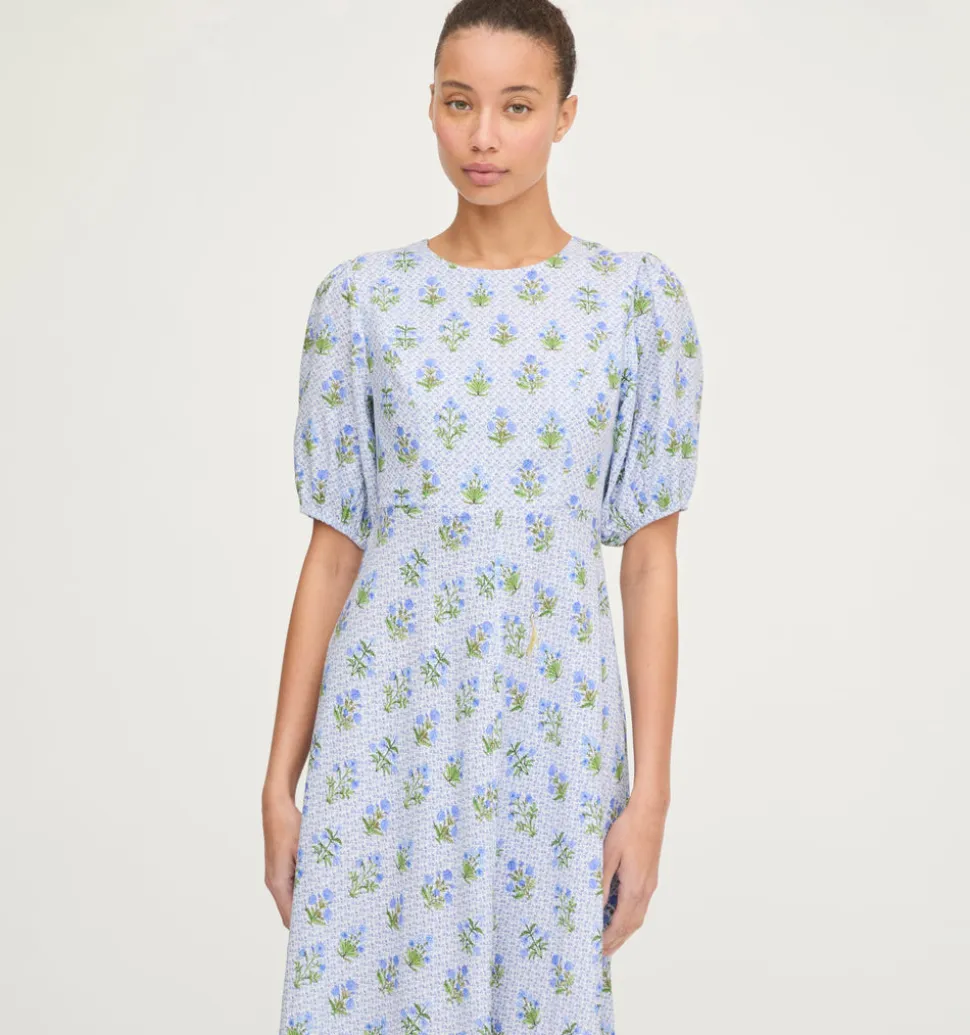 The Short Sleeve Nadia Dress in Blue Block Print