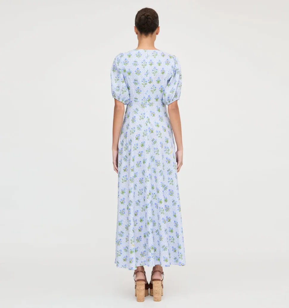 The Short Sleeve Nadia Dress in Blue Block Print