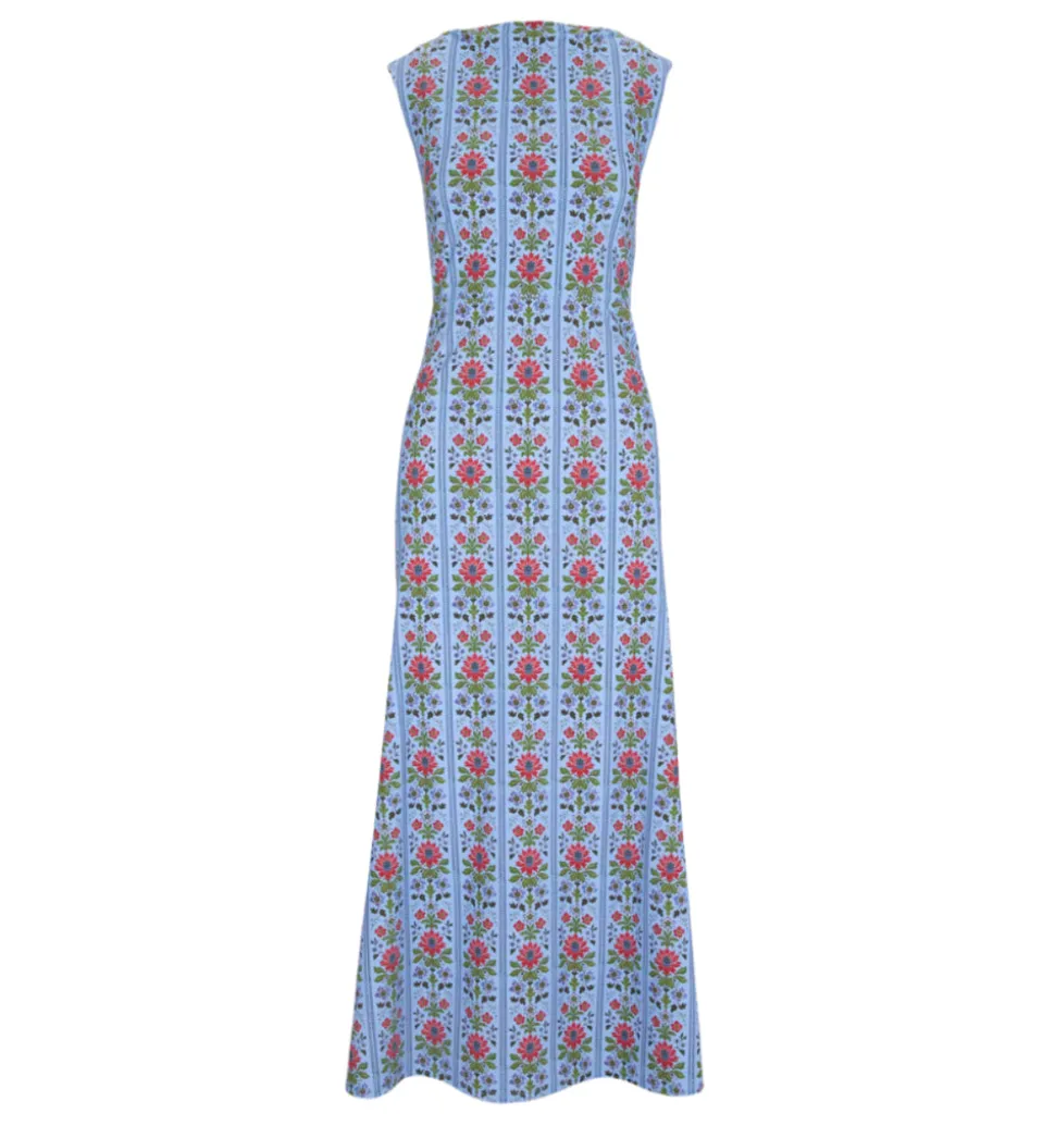 The Sloane Dress in Blue Floral Block Stripe Jersey