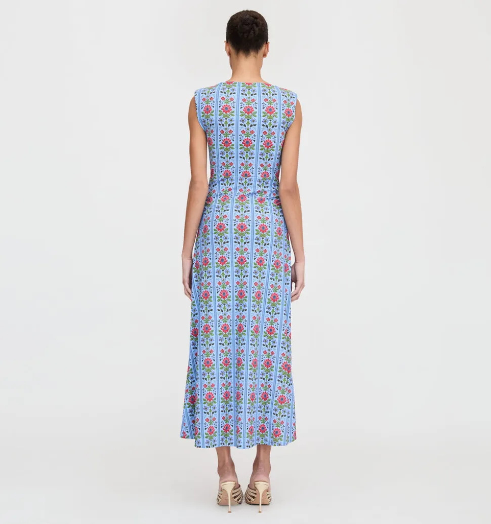 The Sloane Dress in Blue Floral Block Stripe Jersey