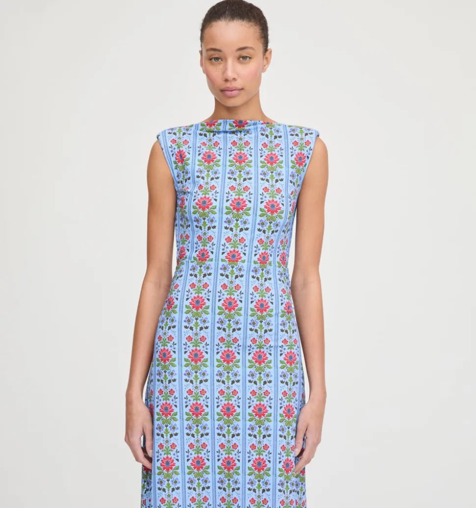 The Sloane Dress in Blue Floral Block Stripe Jersey