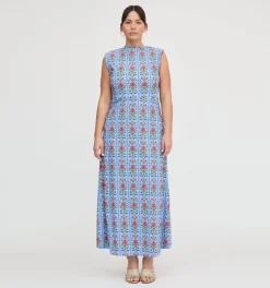 The Sloane Dress in Blue Floral Block Stripe Jersey
