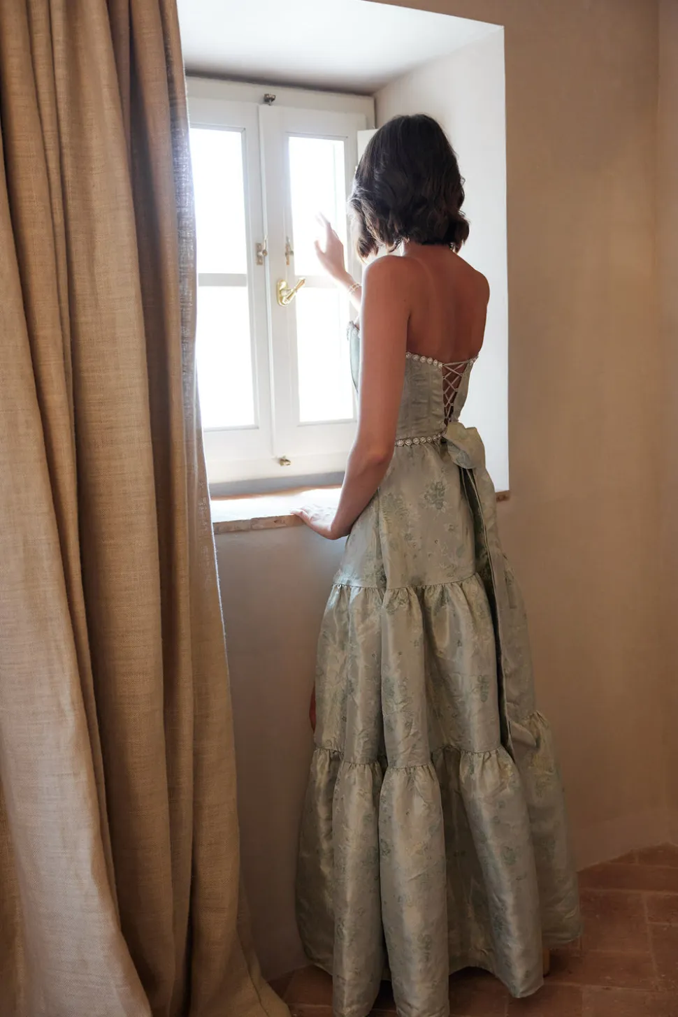 The Vivian Dress in Sage Windsor Brocade