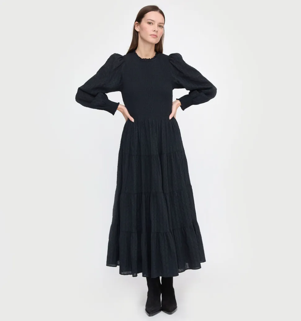 The Viviana Nap Dress in Black Linear Swiss Dot