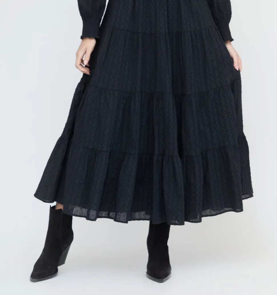 The Viviana Nap Dress in Black Linear Swiss Dot