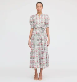 The Yara Dress in Green Floral Block Stripe