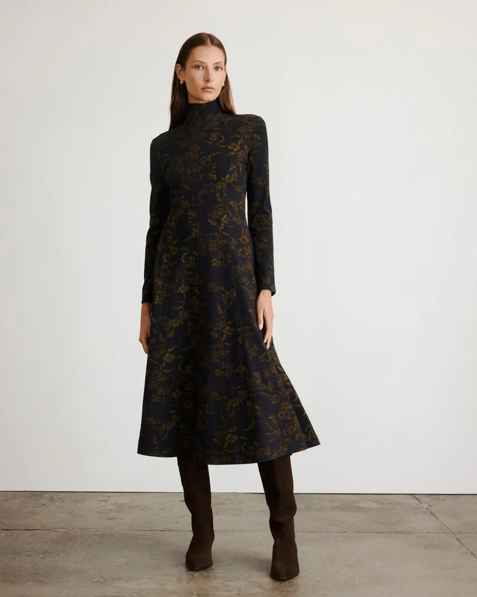 Thea Dress in Black & Forset Green Multi
