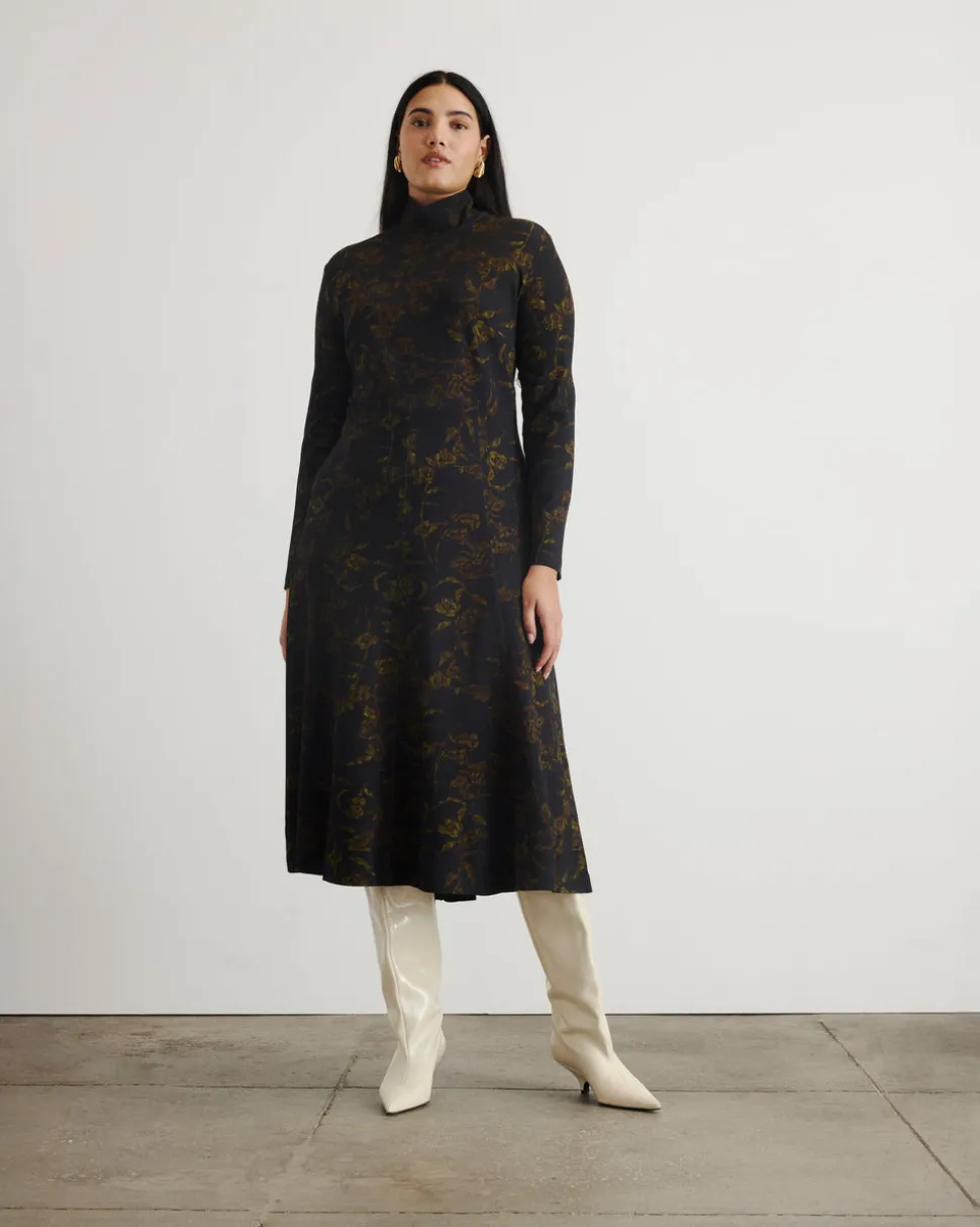 Thea Dress in Black & Forset Green Multi