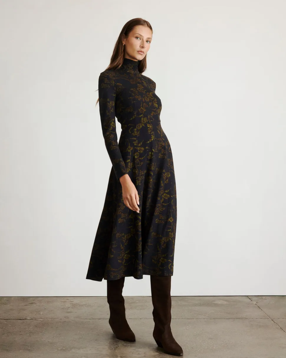 Thea Dress in Black & Forset Green Multi