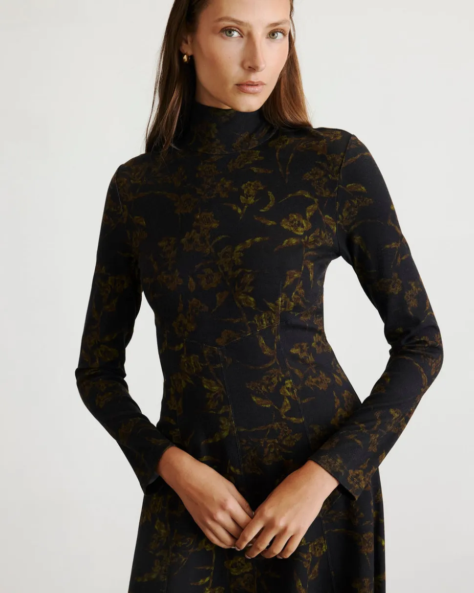 Thea Dress in Black & Forset Green Multi