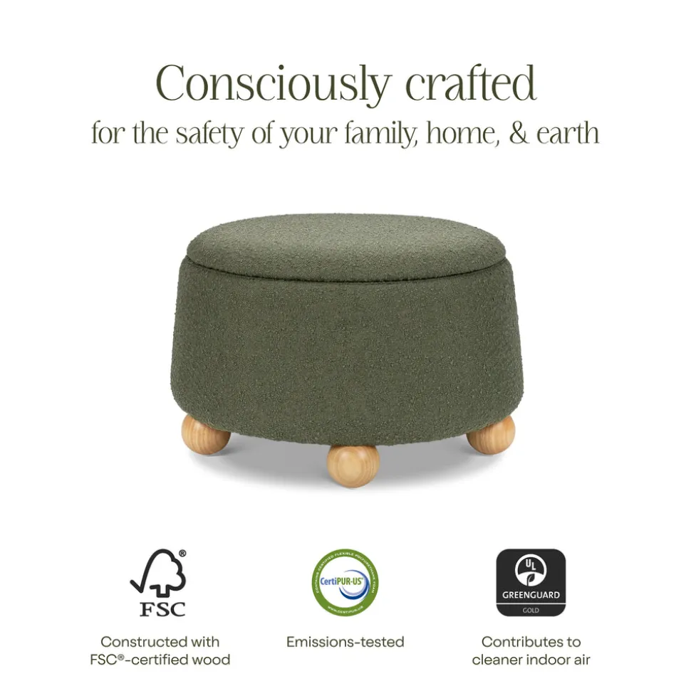 Tuffet Storage Ottoman in Performance Olive Boucle with Honey Ball Feet