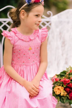 Tulip Pink Gingham Frilled Cap Sleeve Smocked Dress