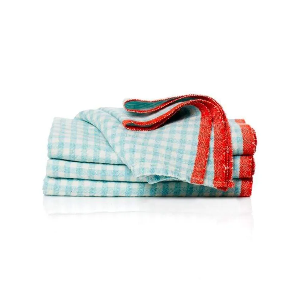 Two-Tone Gingham Napkins in Aqua & Orange, Set of 4