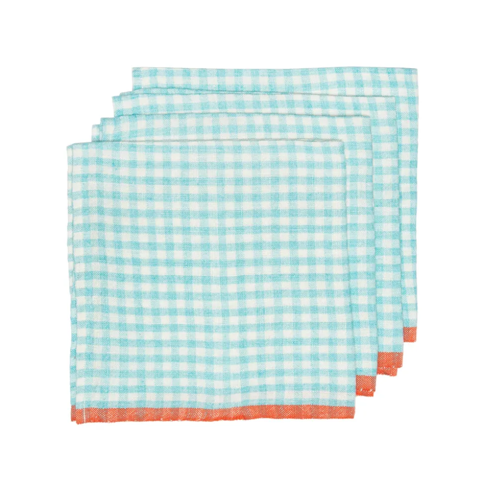 Two-Tone Gingham Napkins in Aqua & Orange, Set of 4