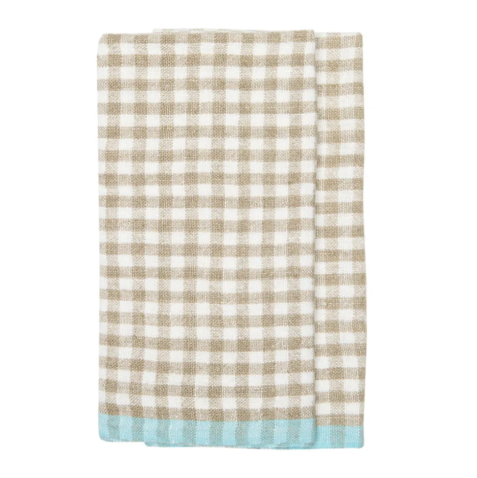 Two-Tone Gingham Towels in Natural & Aqua, Set of 2