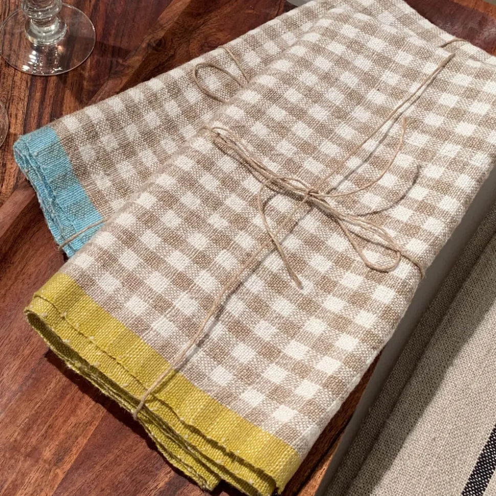 Two-Tone Gingham Towels in Natural & Aqua, Set of 2