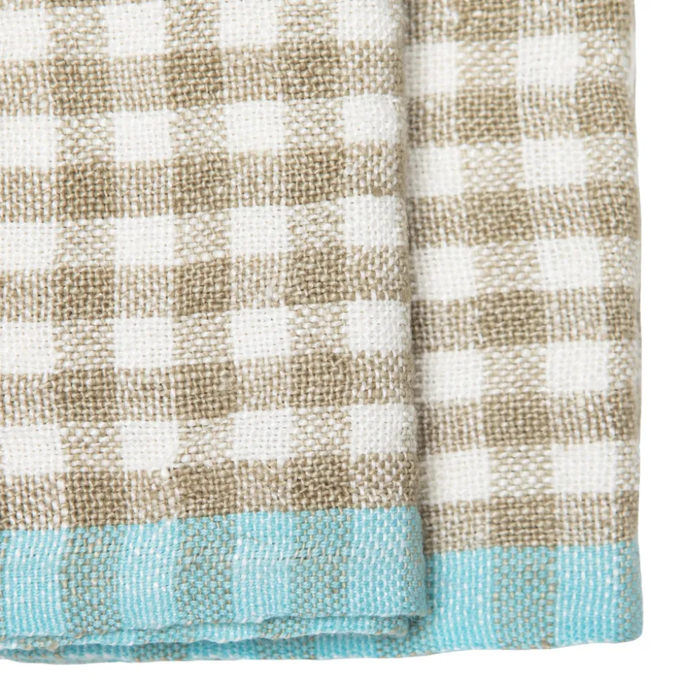 Two-Tone Gingham Towels in Natural & Aqua, Set of 2
