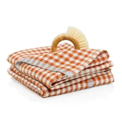 Two-Tone Gingham Towels in Natural & Aqua, Set of 2