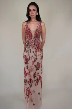 Underwater Wildflower Column Dress in Cranberry