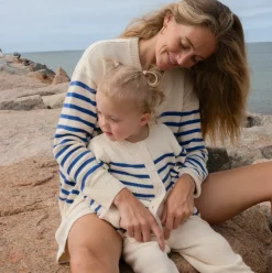 Unisex Cream and Blue Stripe Knit Cardigan
