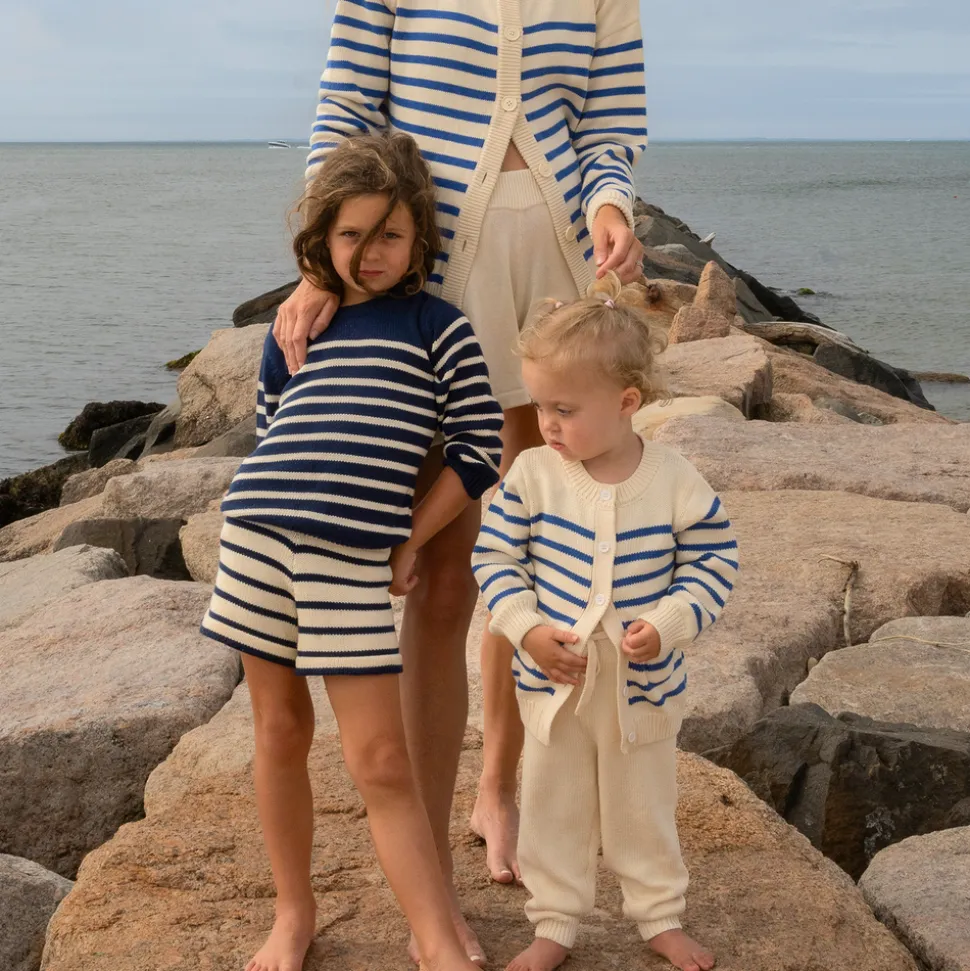 Unisex Cream and Blue Stripe Knit Cardigan