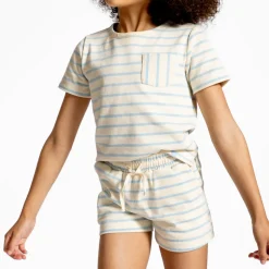 Unisex Cream And Powder Blue Stripe Boatneck Tee