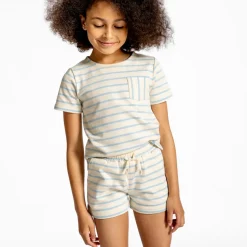 Unisex Cream And Powder Blue Stripe Boatneck Tee