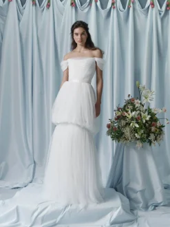 Valeria Off-The-Shoulder Ruched Tulle Gown